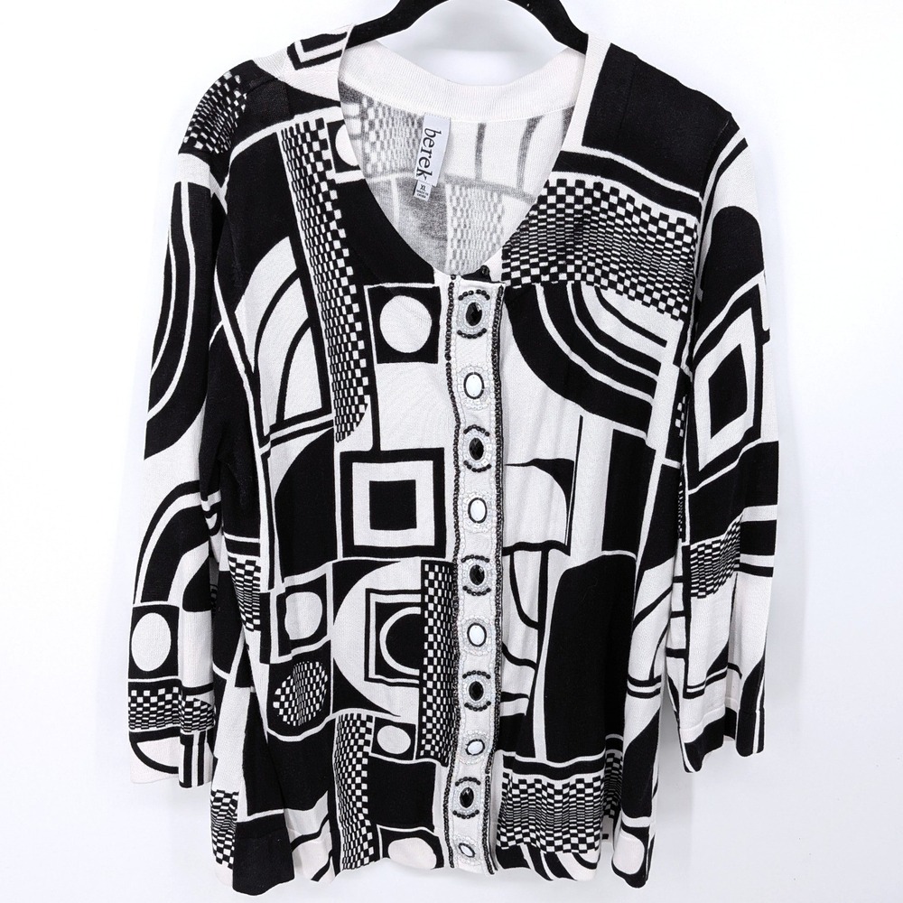 Berek Cardigan Sweater Women XL Black‎ White Geometric Beaded Button Up Mature